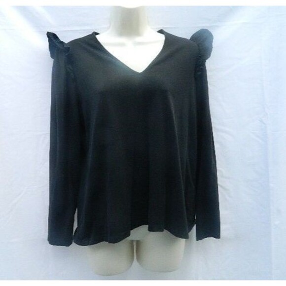 Chicos Black Top V Neck w/Ruffles on Shoulders Chicos Size 2 Long Sleeve - Picture 1 of 14